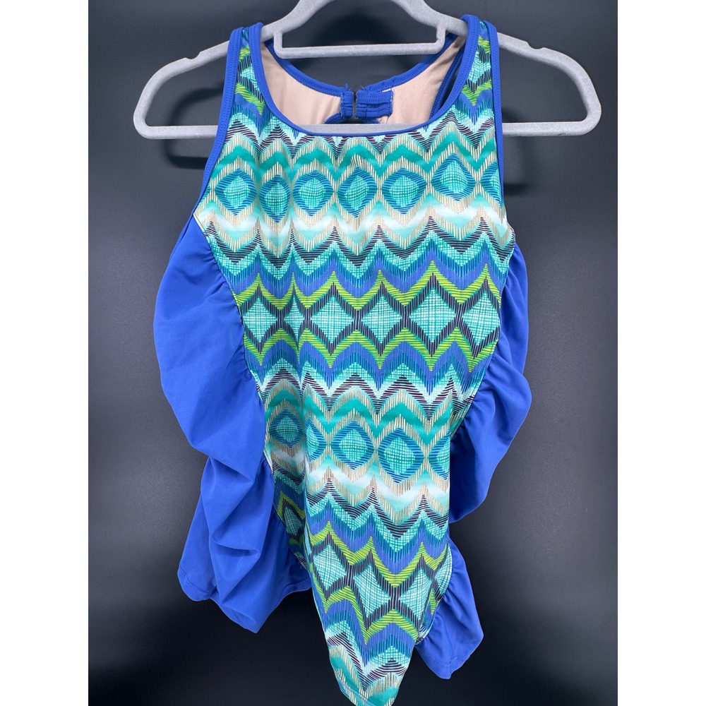 Tropical Escape Blue Chevron Ruffle Tankini Top High Neck Keyhole Back 18W swim